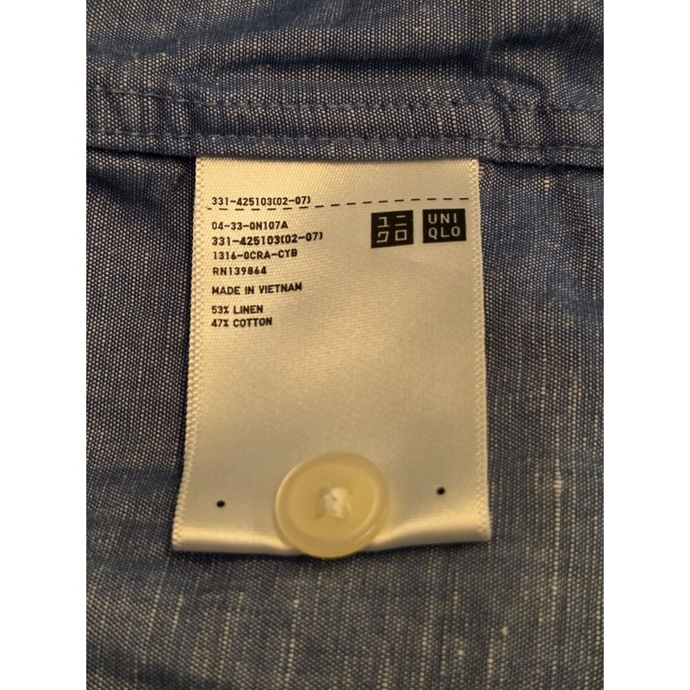 Uniqlo Linen Blend Short Sleeve Button Up Shirt Mens M Blue Lightweight Casual - Picture 5 of 6